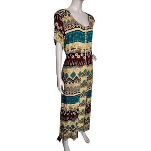 Vintage BILA Bohemian Crinkle Mixed-Media Tie-Back Maxi Dress Made In India